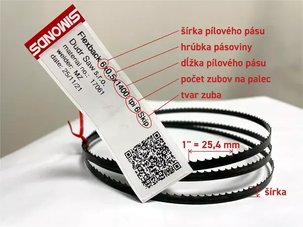 Štítok na pílovom páse Simonds: šírka × hrúbka × dĺžka (6 × 0,5 × 1400 mm), počet zubov na palec a tvar zuba (6 Skip), vedľa QR kód na opakovanú objednávku.
